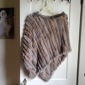 Multi Colored Gray & Tan Rabbit Fur Poncho Size L 10-12 & Cream Top